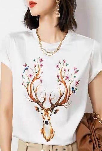 고급스러운 실크 수입 사슴뿔 명품스타일 여성 반팔 티셔츠